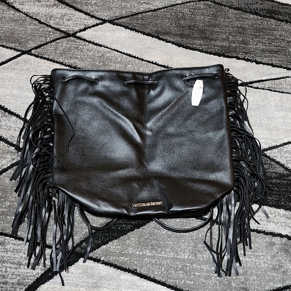 VICTORIA'S SECRET VINTAGE BLACK FAUX-LEATHER FRINGE DRAWSTRING  BACKPACK